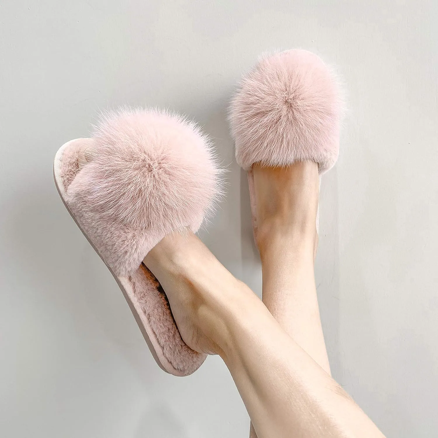 Women Slippers with Real Fox Fur Ball, Girl Furry Cozy Warm House Slipper, Open Toe Soft Flat Slide Sandals for Women Indoor Outdoor