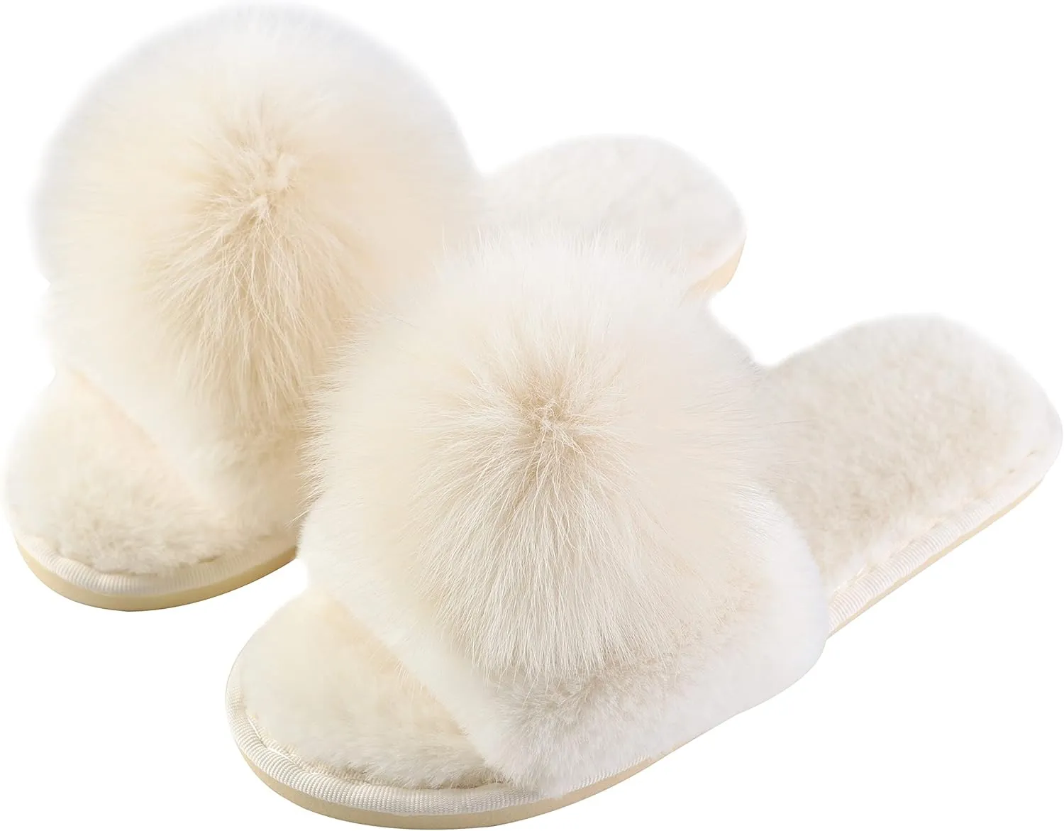 Women Slippers with Real Fox Fur Ball, Girl Furry Cozy Warm House Slipper, Open Toe Soft Flat Slide Sandals for Women Indoor Outdoor