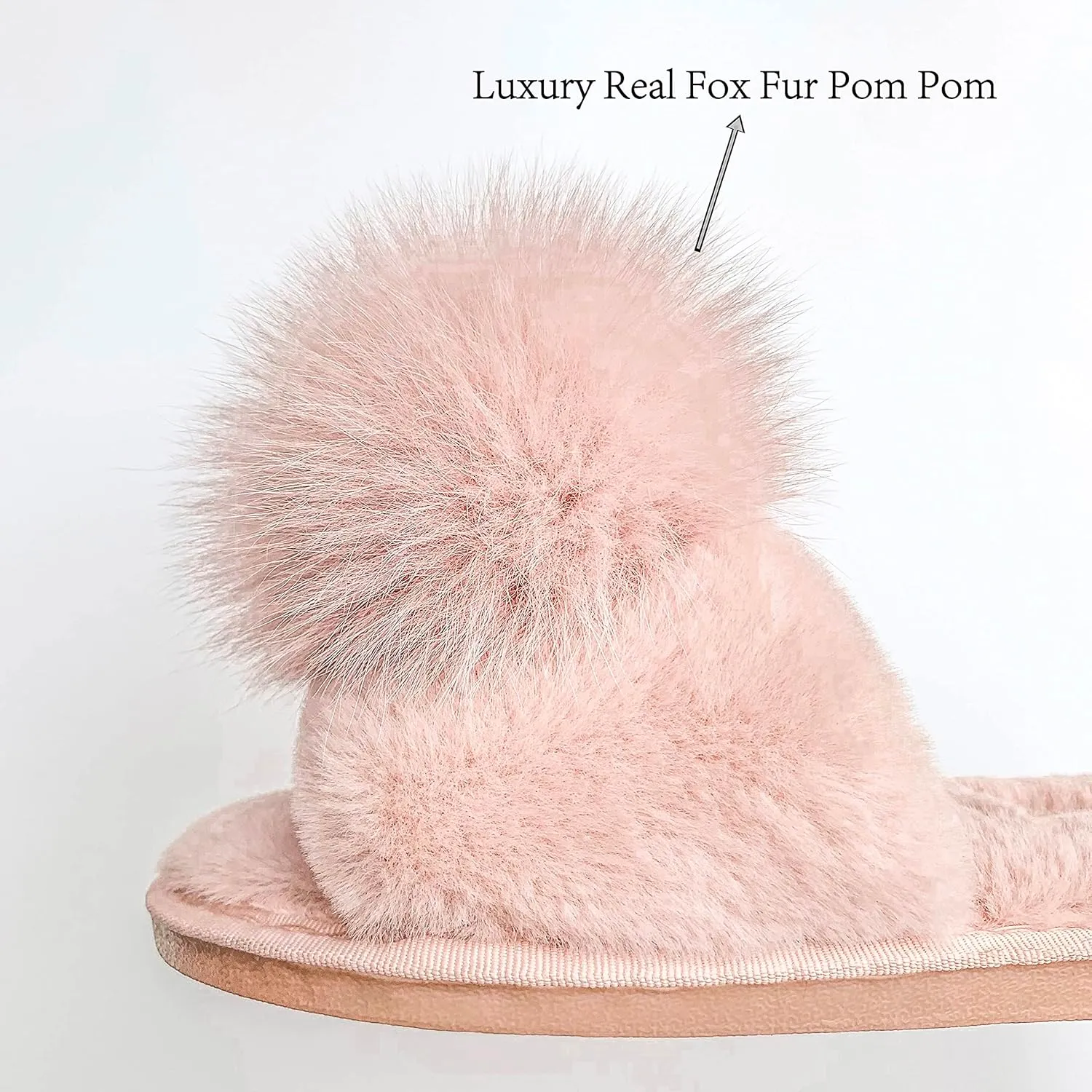 Women Slippers with Real Fox Fur Ball, Girl Furry Cozy Warm House Slipper, Open Toe Soft Flat Slide Sandals for Women Indoor Outdoor