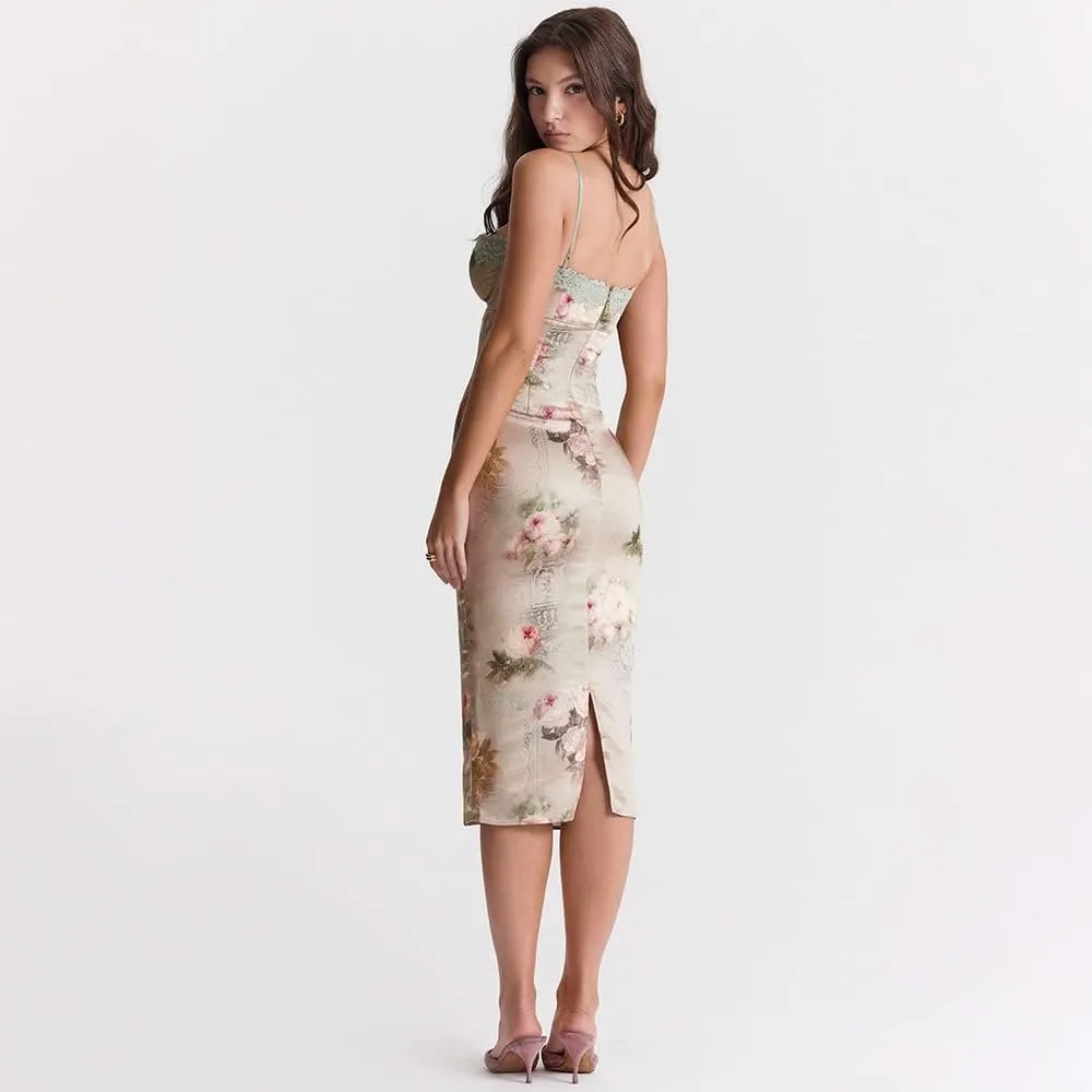 Women Vintage Spaghetti Strap Maxi Dress Sexy Low Cut Backless Floral Satin Slip Long Dress Y2k Cami Bodycon Dresses