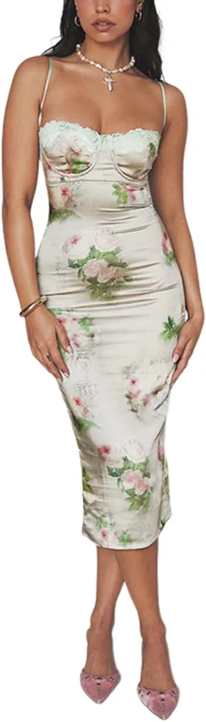 Women Vintage Spaghetti Strap Maxi Dress Sexy Low Cut Backless Floral Satin Slip Long Dress Y2k Cami Bodycon Dresses