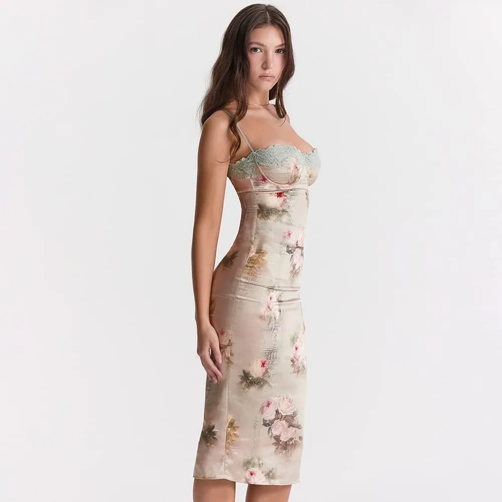 Women Vintage Spaghetti Strap Maxi Dress Sexy Low Cut Backless Floral Satin Slip Long Dress Y2k Cami Bodycon Dresses