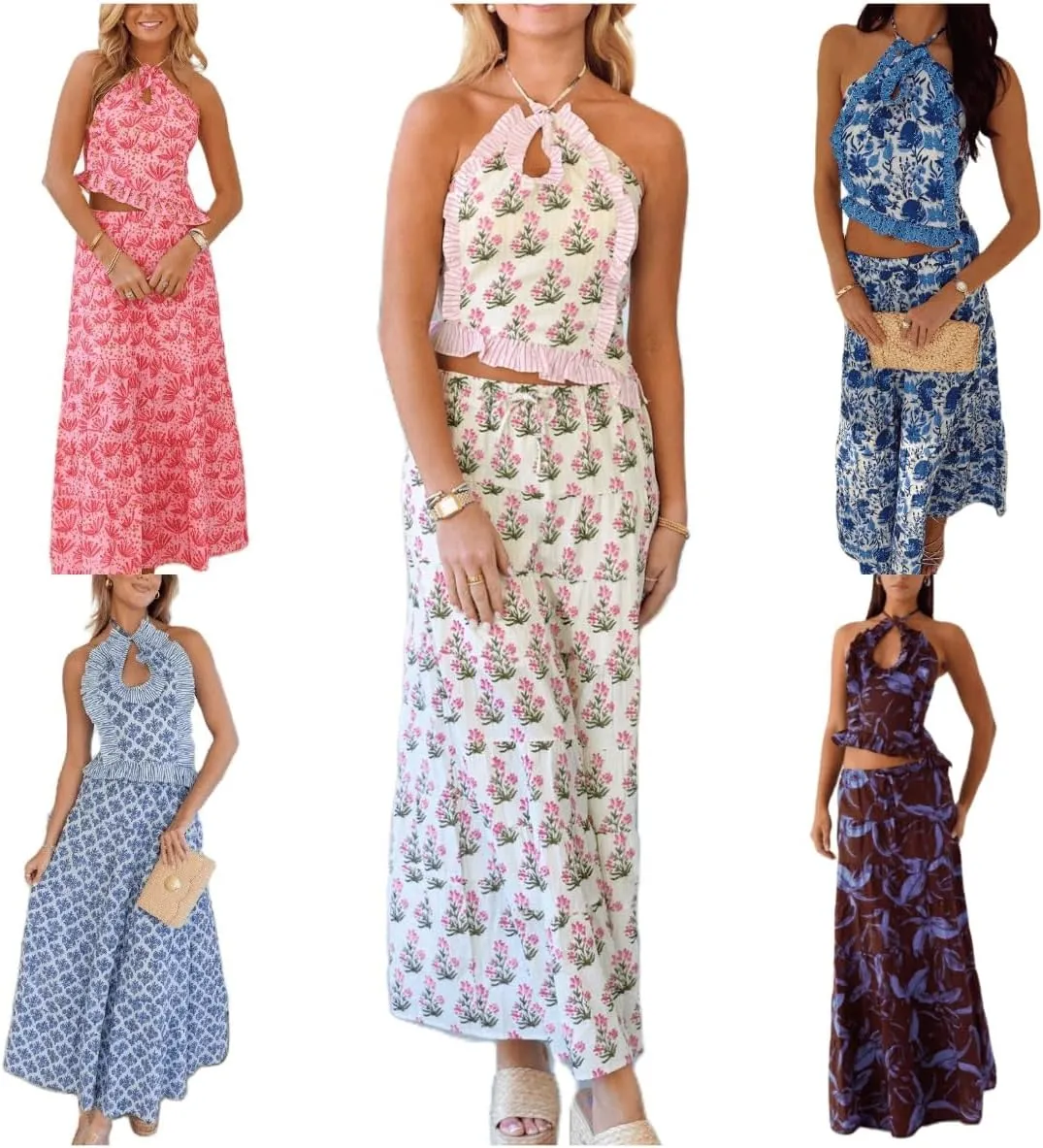 Womens 2 Piece Maxi Skirt Set Y2k Halter Ruched Cami Top Tiered Flowy Ruffle Skirt 2025 Summer Beach Outfits