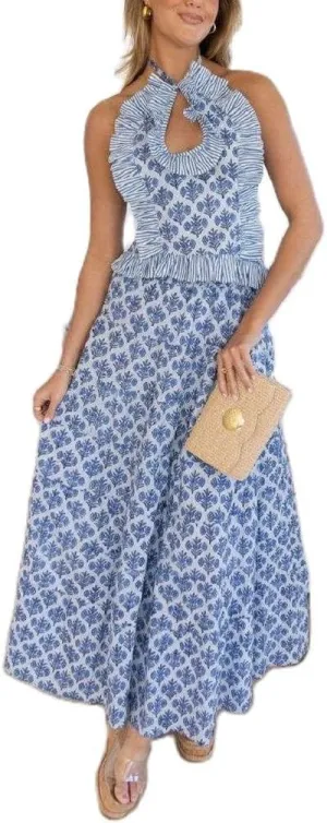 Womens 2 Piece Maxi Skirt Set Y2k Halter Ruched Cami Top Tiered Flowy Ruffle Skirt 2025 Summer Beach Outfits