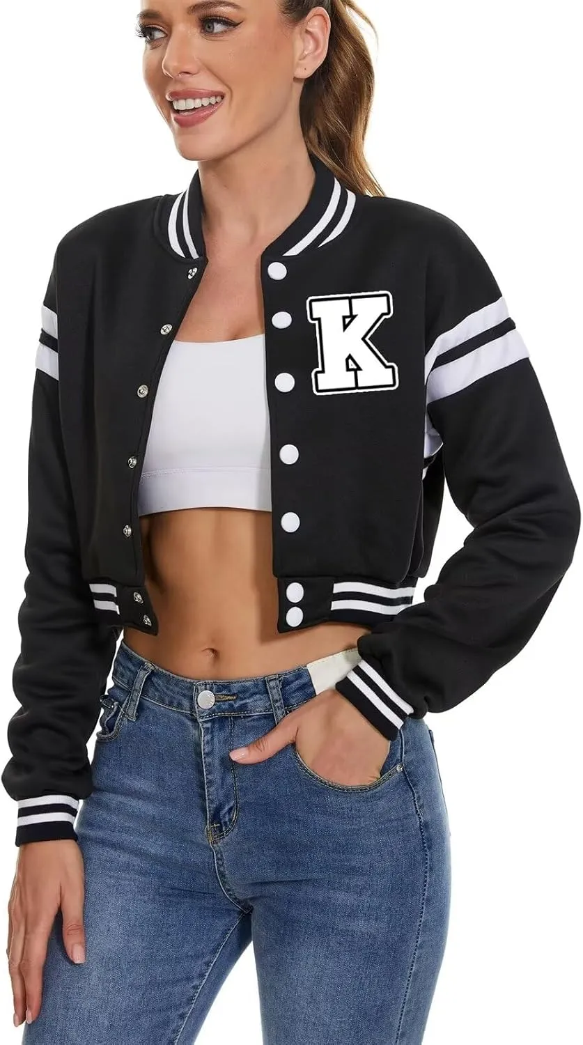 Women's Baseball Varsity Jacket Vintage Crop Top Letter Print College Letterman Coat Bomber Jackets