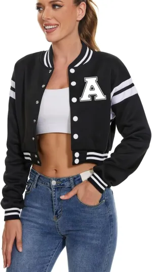 Women's Baseball Varsity Jacket Vintage Crop Top Letter Print College Letterman Coat Bomber Jackets