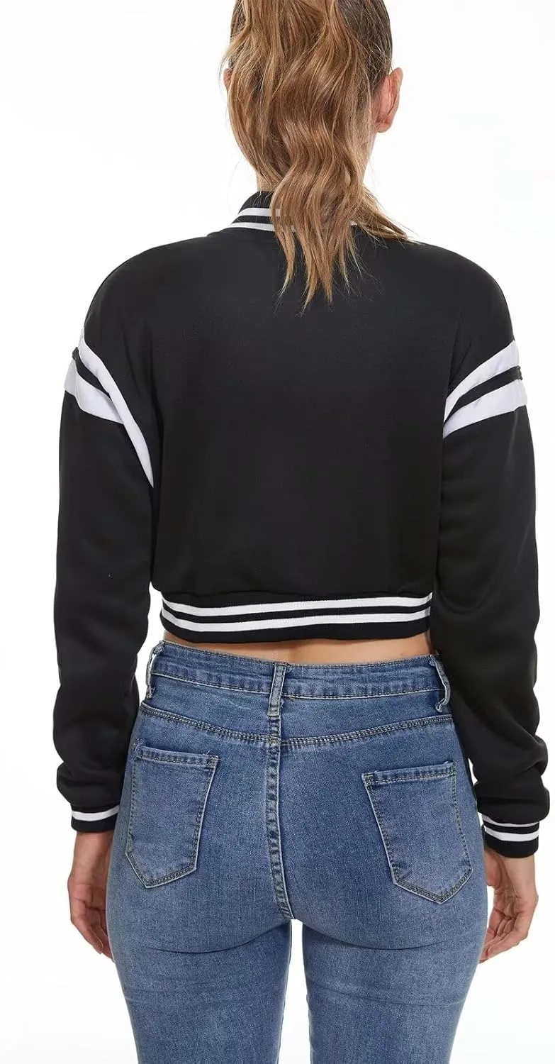 Women's Baseball Varsity Jacket Vintage Crop Top Letter Print College Letterman Coat Bomber Jackets