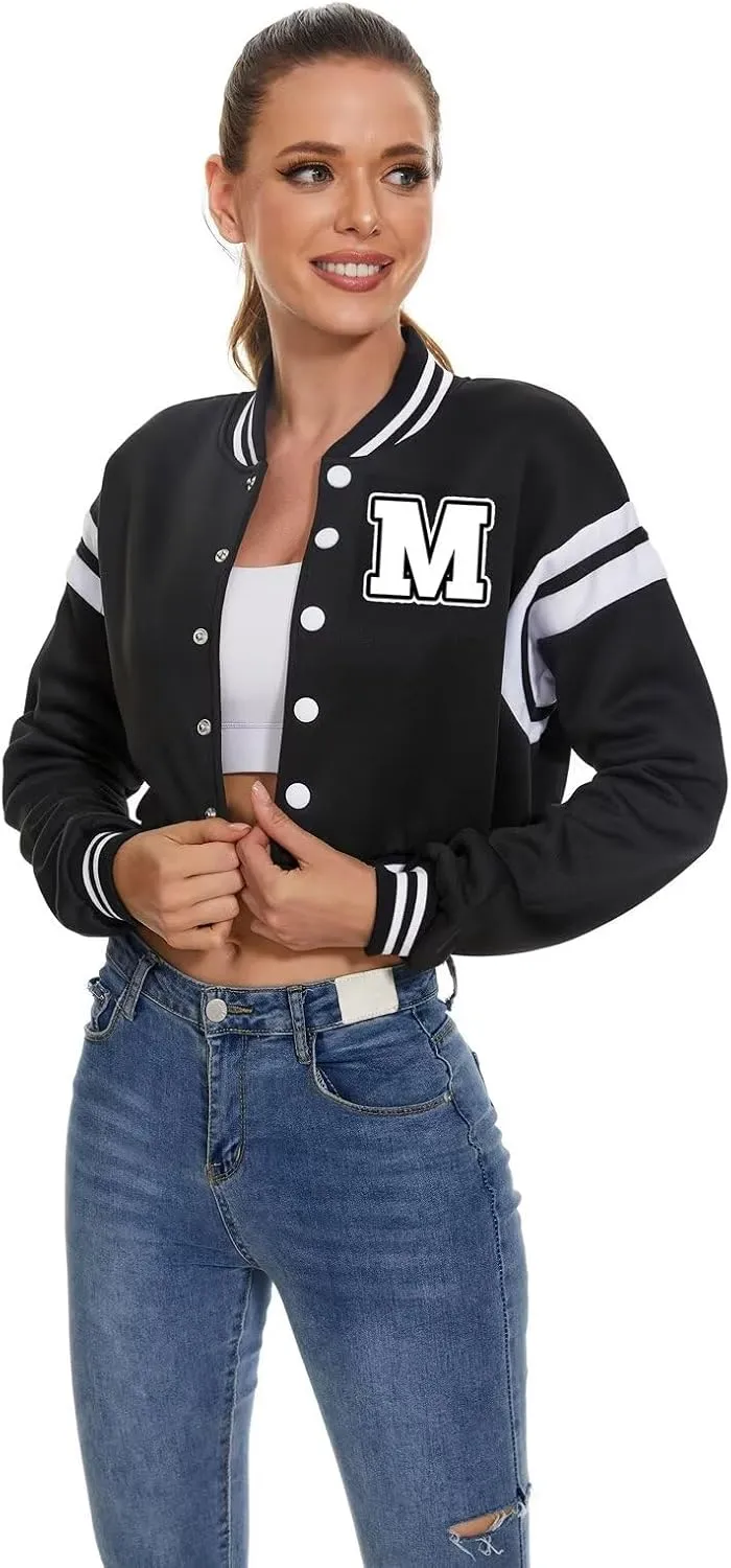 Women's Baseball Varsity Jacket Vintage Crop Top Letter Print College Letterman Coat Bomber Jackets