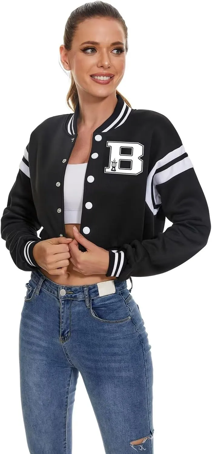 Women's Baseball Varsity Jacket Vintage Crop Top Letter Print College Letterman Coat Bomber Jackets