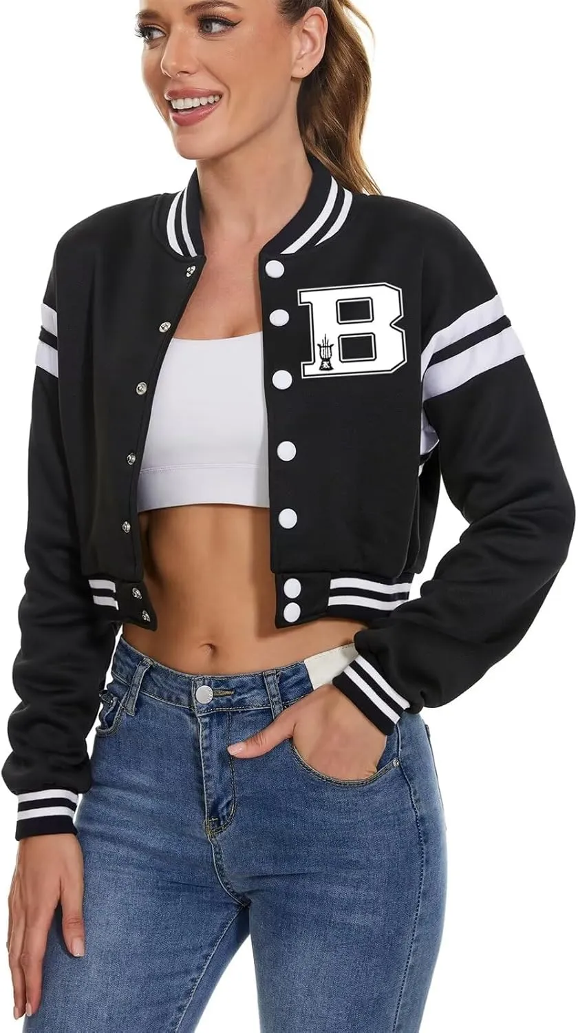 Women's Baseball Varsity Jacket Vintage Crop Top Letter Print College Letterman Coat Bomber Jackets