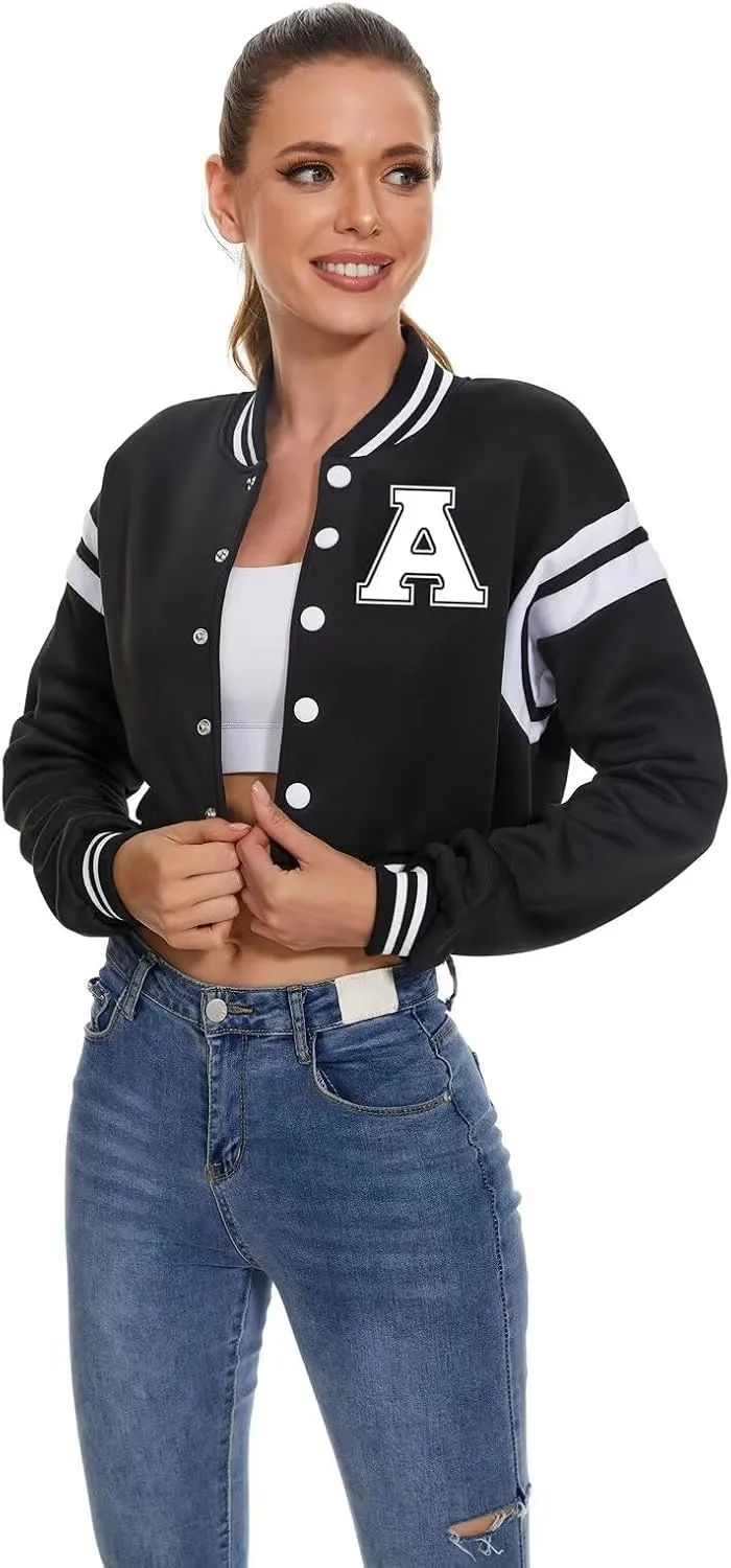 Women's Baseball Varsity Jacket Vintage Crop Top Letter Print College Letterman Coat Bomber Jackets