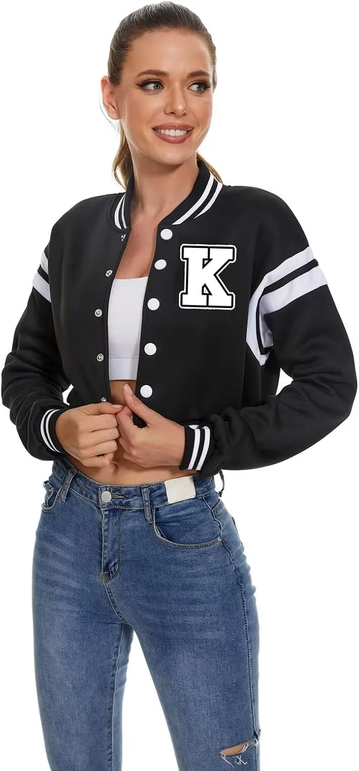 Women's Baseball Varsity Jacket Vintage Crop Top Letter Print College Letterman Coat Bomber Jackets