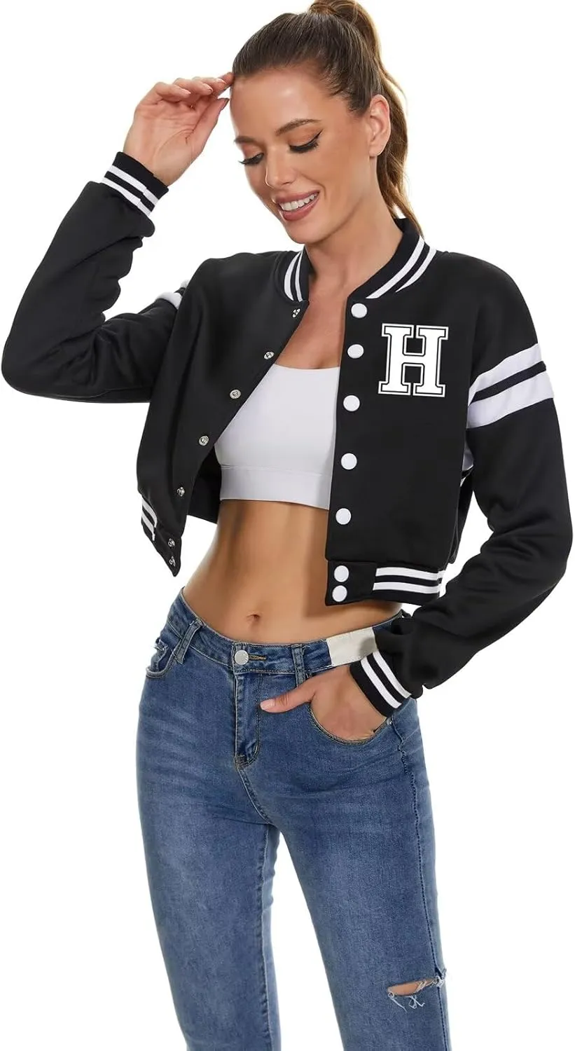 Women's Baseball Varsity Jacket Vintage Crop Top Letter Print College Letterman Coat Bomber Jackets