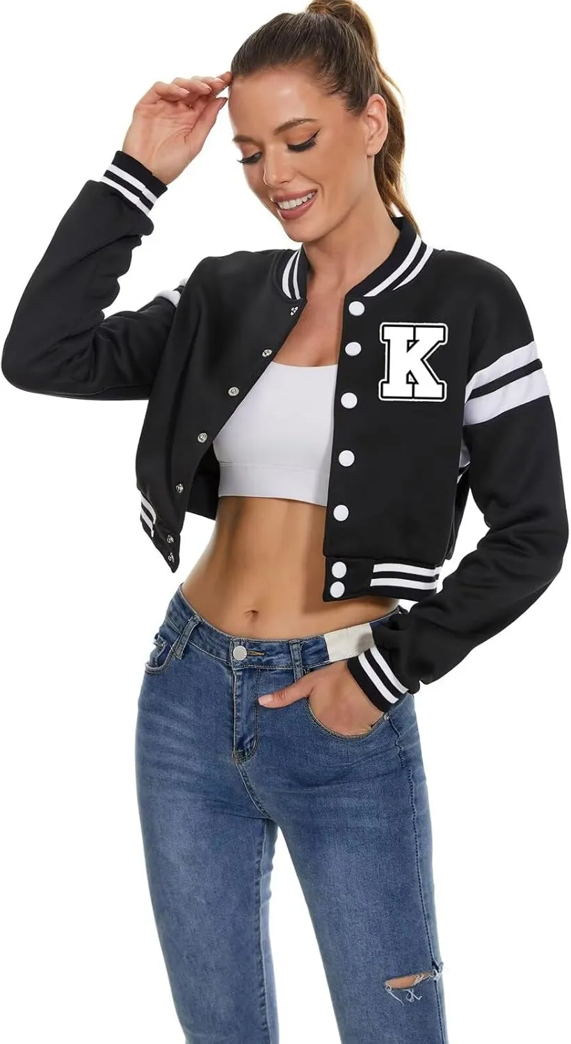 Women's Baseball Varsity Jacket Vintage Crop Top Letter Print College Letterman Coat Bomber Jackets