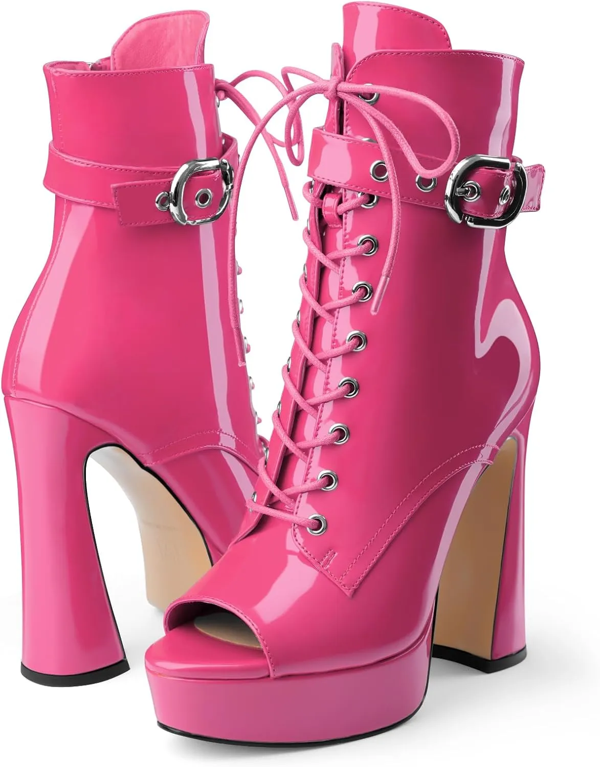 Women's Black Ankle Boots Platform Lace-Up Short Boot Chunky High Heel Open Peep Toe Booties Shoes with Side Zipper and Strap Buckle for Ladies Sexy Cute