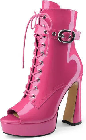 Women's Black Ankle Boots Platform Lace-Up Short Boot Chunky High Heel Open Peep Toe Booties Shoes with Side Zipper and Strap Buckle for Ladies Sexy Cute