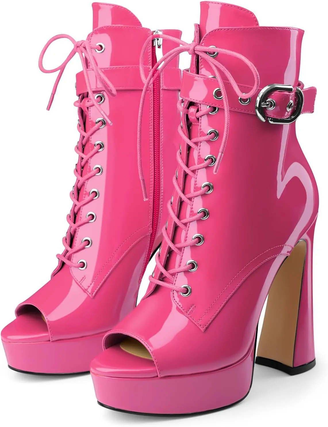 Women's Black Ankle Boots Platform Lace-Up Short Boot Chunky High Heel Open Peep Toe Booties Shoes with Side Zipper and Strap Buckle for Ladies Sexy Cute