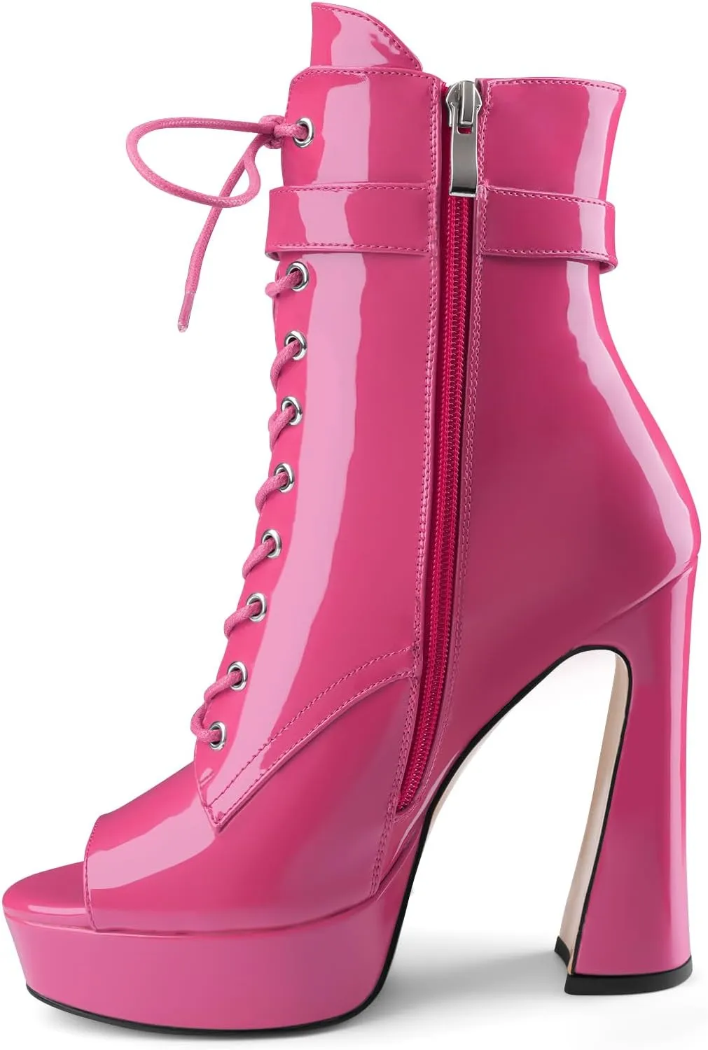Women's Black Ankle Boots Platform Lace-Up Short Boot Chunky High Heel Open Peep Toe Booties Shoes with Side Zipper and Strap Buckle for Ladies Sexy Cute