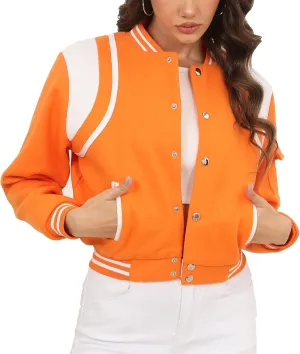 Womens Bomber Varsity Jacket Casual Long Sleeve Letterman Shacket Button Down Cropped Baseball Outerwear