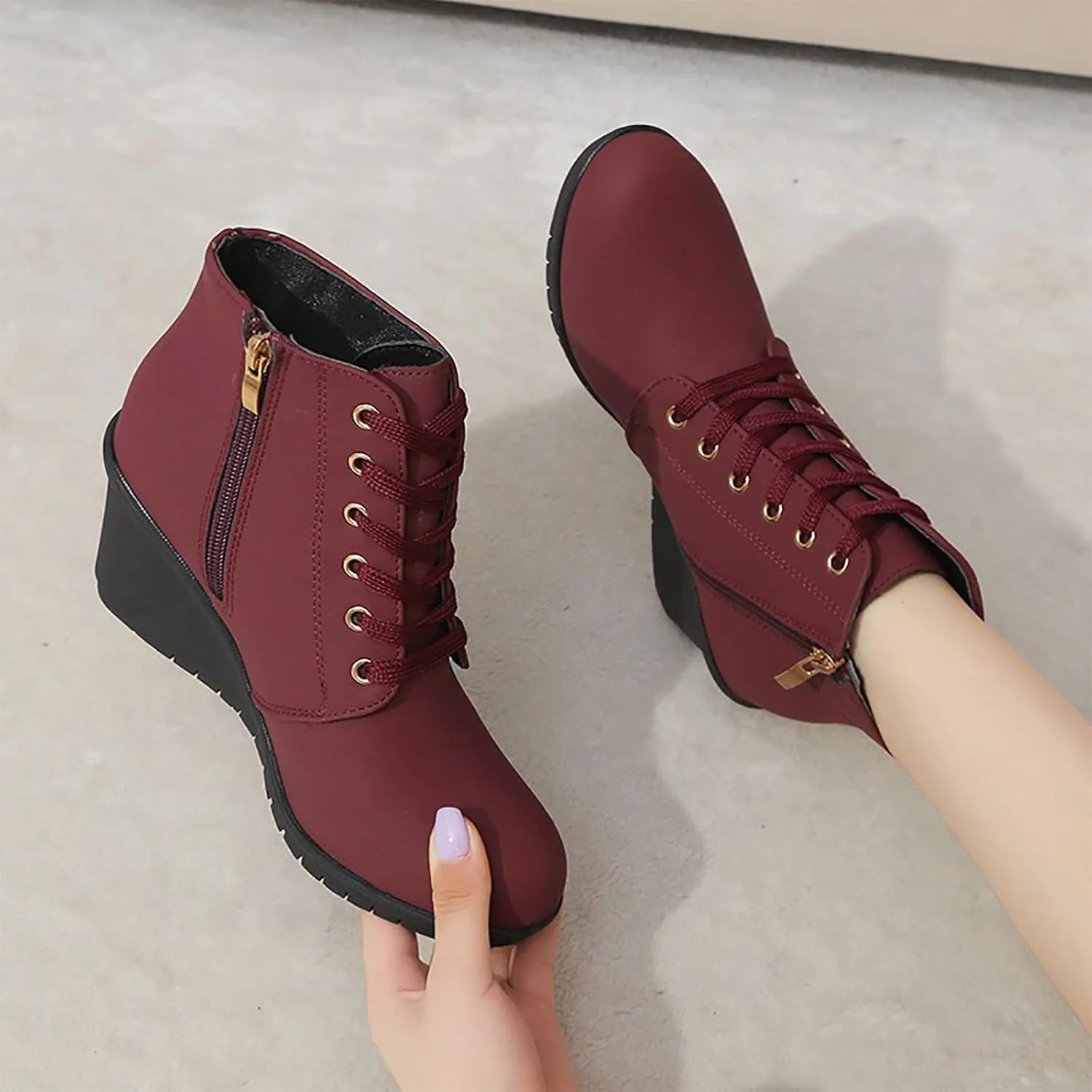 Womens Booties Fashion Lace up Ankle Boots Ladies Buckle Platform Shoes Chunky High Heel Boots Wedge Boots for Women