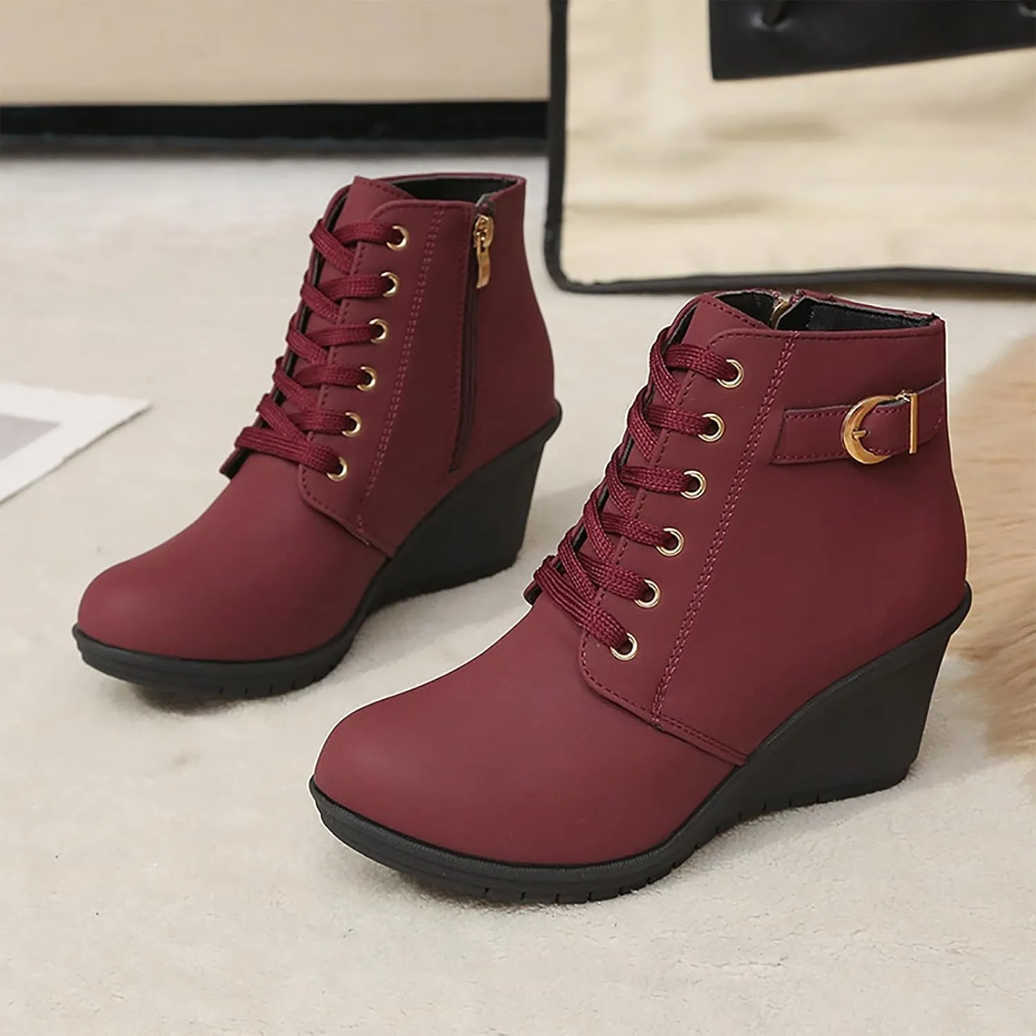 Womens Booties Fashion Lace up Ankle Boots Ladies Buckle Platform Shoes Chunky High Heel Boots Wedge Boots for Women