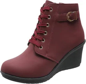 Womens Booties Fashion Lace up Ankle Boots Ladies Buckle Platform Shoes Chunky High Heel Boots Wedge Boots for Women
