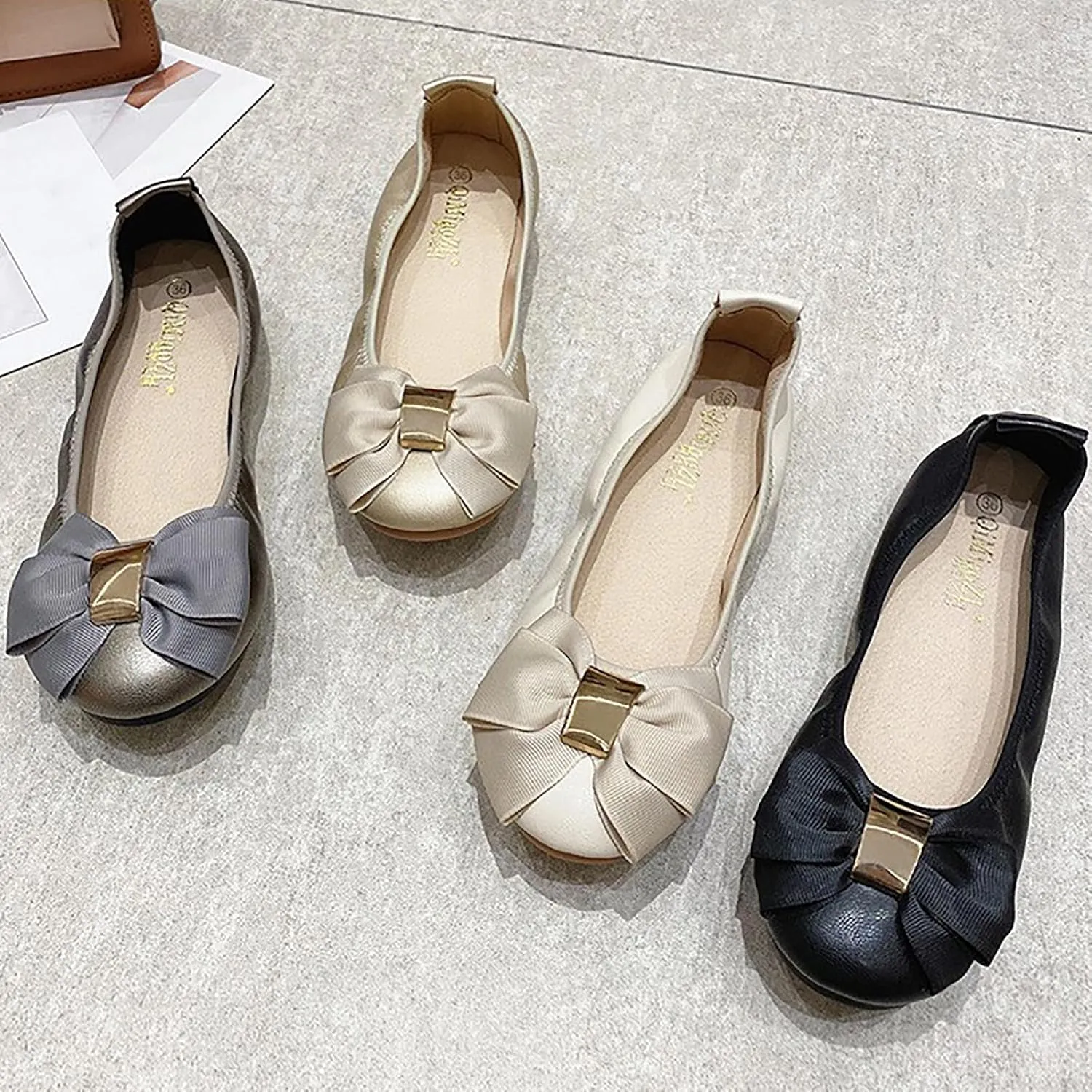 Womens Bowknot Ballet Flats Round Toe Flat Shoes Leather Casual Dress Shoes Wear to Work Slip On Moccasins