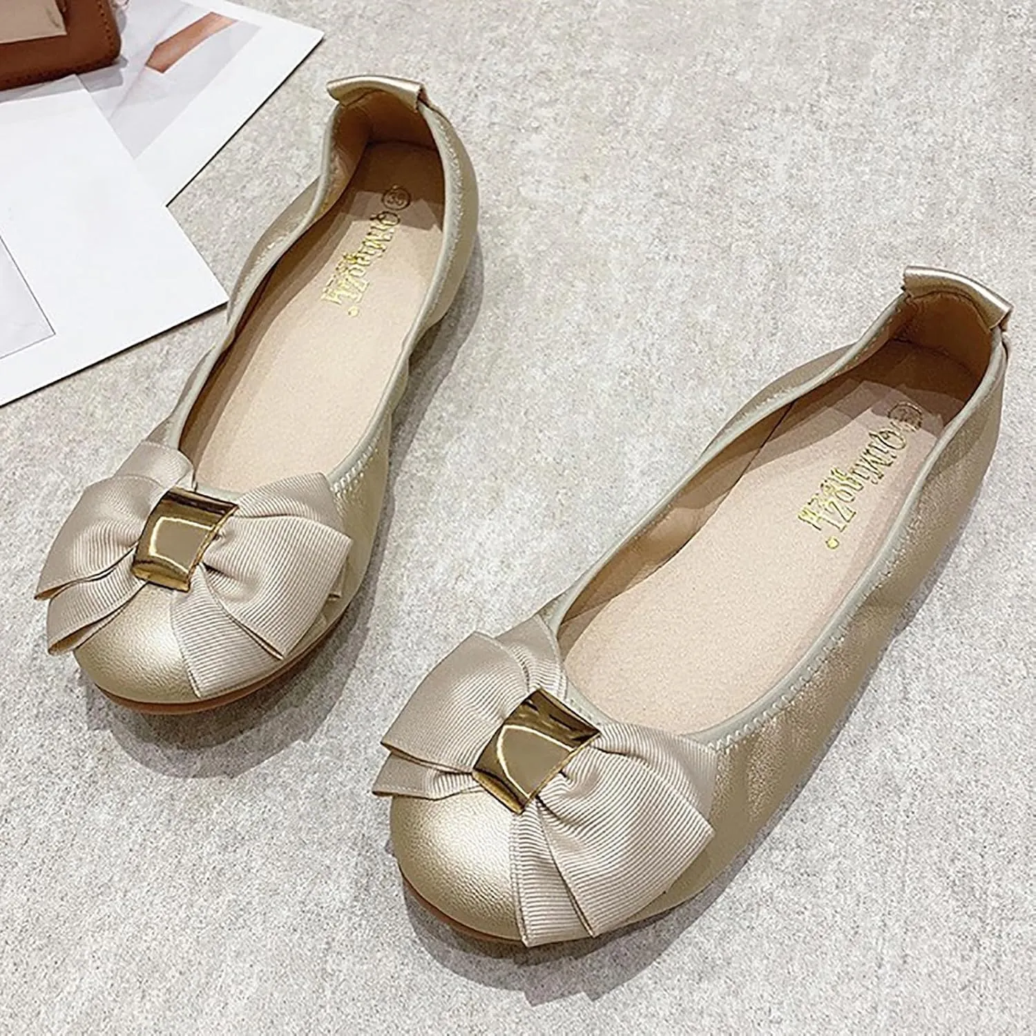 Womens Bowknot Ballet Flats Round Toe Flat Shoes Leather Casual Dress Shoes Wear to Work Slip On Moccasins