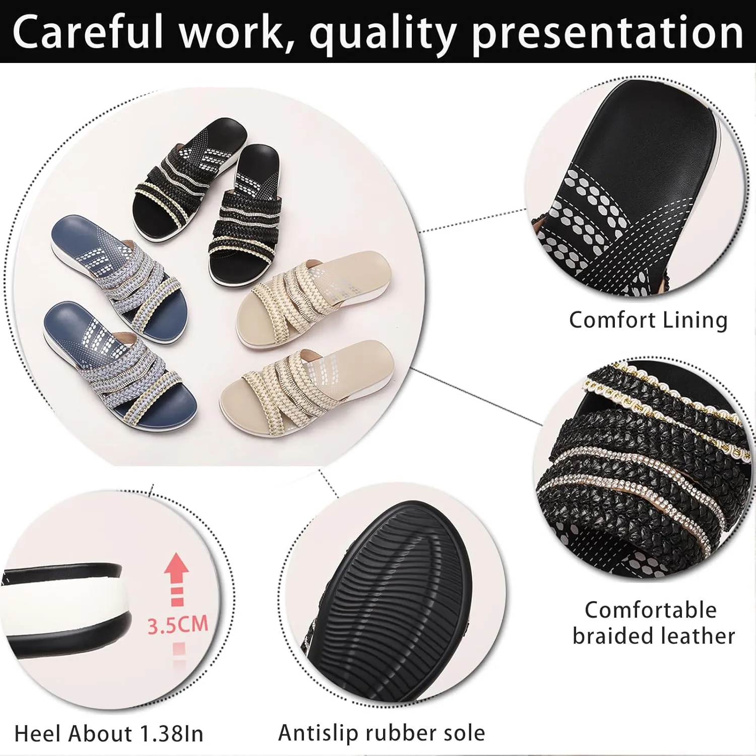 Women's Braided Leather Wedge Sandals Rhinestones Round Open Toe Slip-On Lightweight Non-Slip Platform Beach Slippers for Summer Casual & Lndoor Outdoor Wear