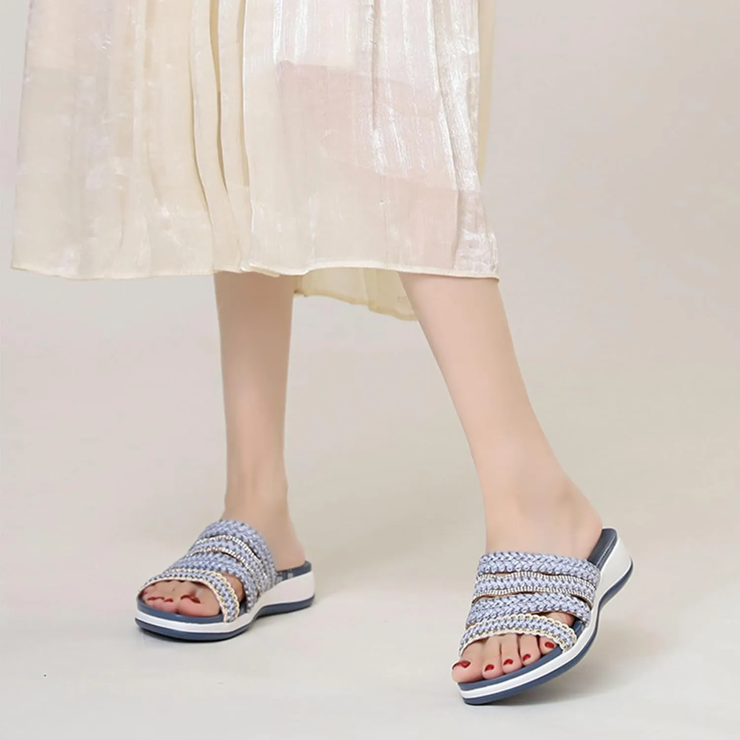 Women's Braided Leather Wedge Sandals Rhinestones Round Open Toe Slip-On Lightweight Non-Slip Platform Beach Slippers for Summer Casual & Lndoor Outdoor Wear