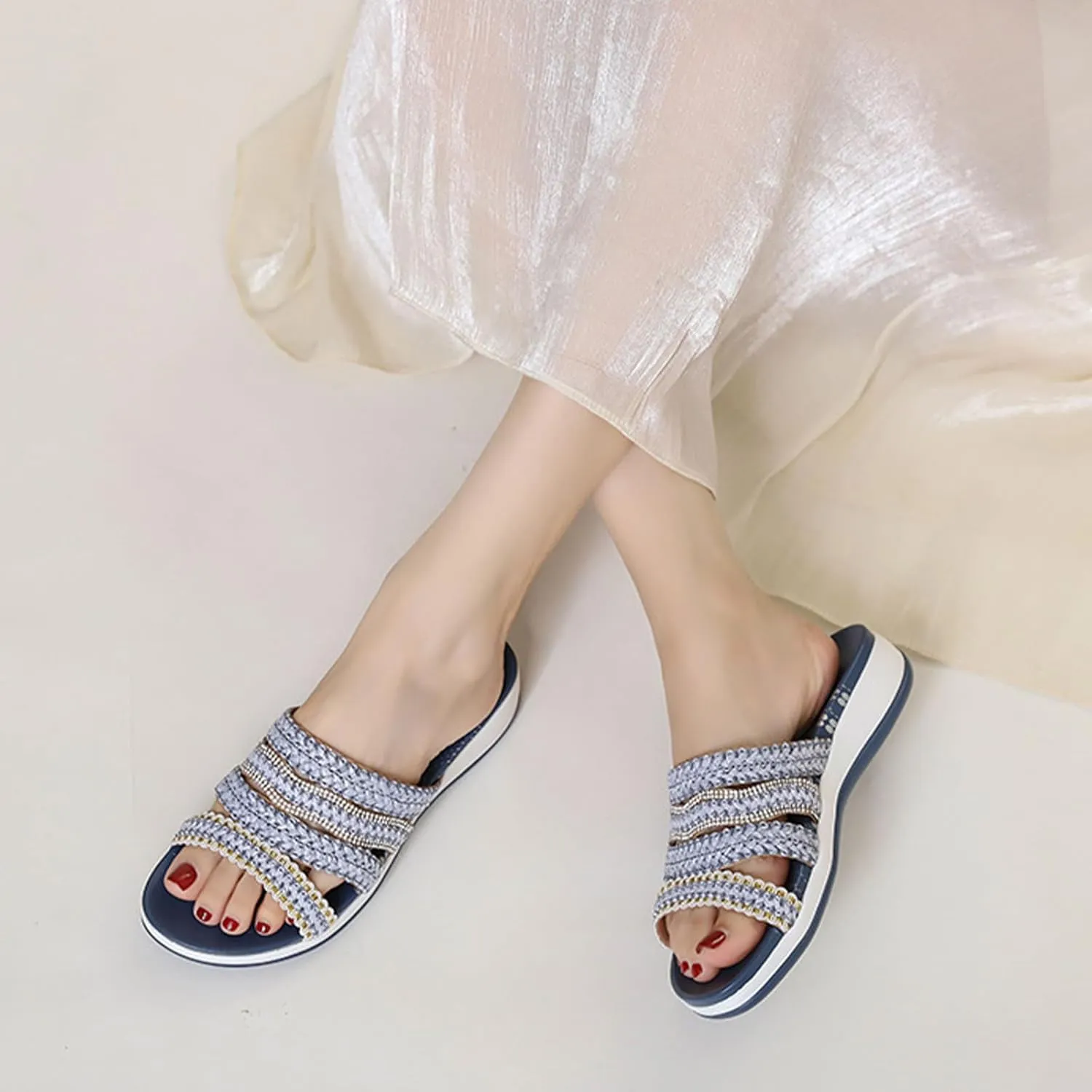 Women's Braided Leather Wedge Sandals Rhinestones Round Open Toe Slip-On Lightweight Non-Slip Platform Beach Slippers for Summer Casual & Lndoor Outdoor Wear