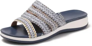 Women's Braided Leather Wedge Sandals Rhinestones Round Open Toe Slip-On Lightweight Non-Slip Platform Beach Slippers for Summer Casual & Lndoor Outdoor Wear