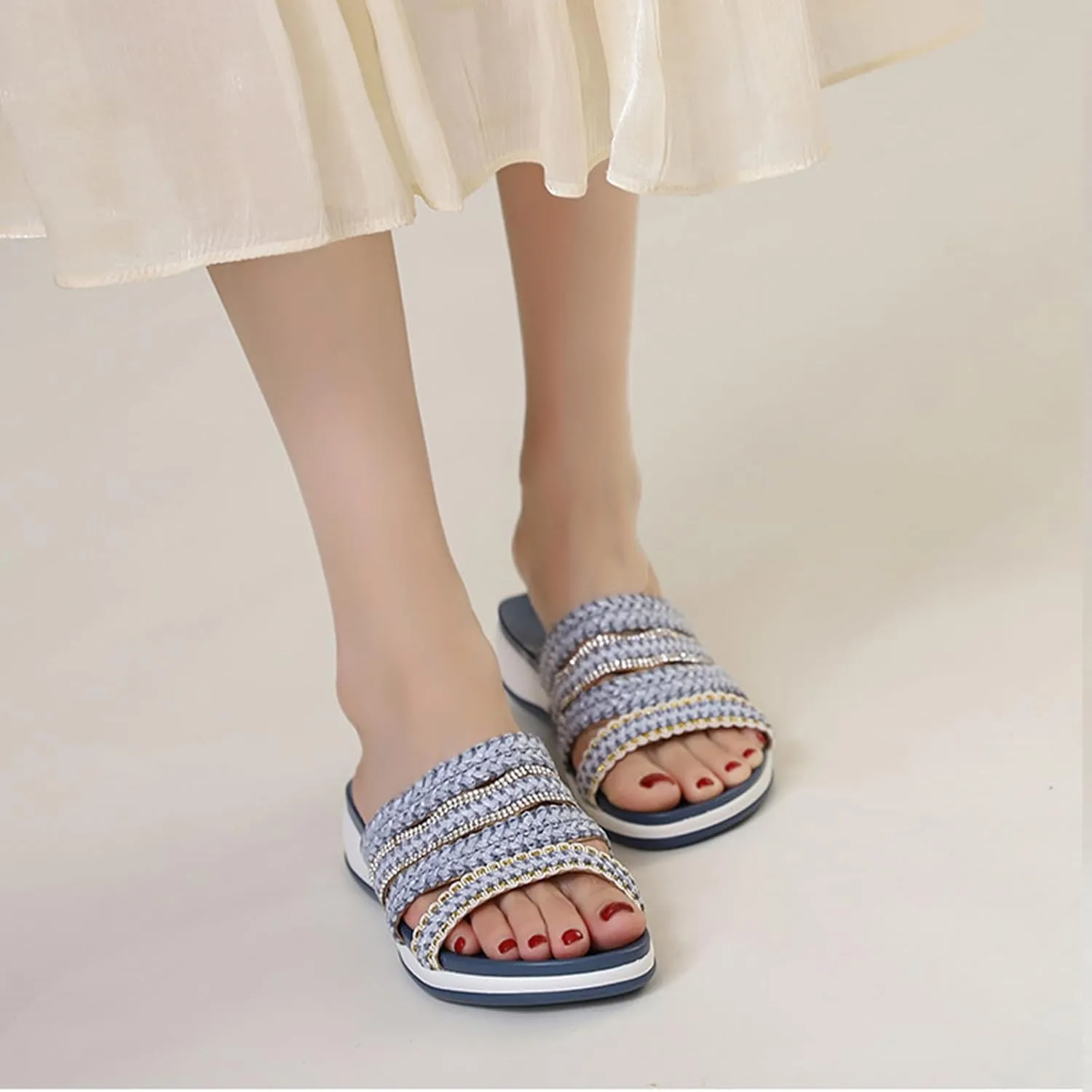 Women's Braided Leather Wedge Sandals Rhinestones Round Open Toe Slip-On Lightweight Non-Slip Platform Beach Slippers for Summer Casual & Lndoor Outdoor Wear