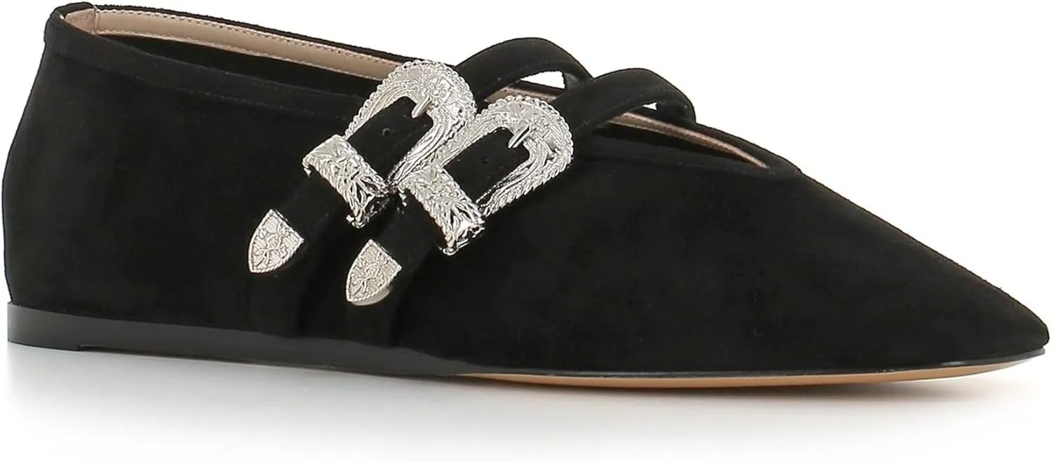 Women's Camel Brown Suede Ballet Flats Round Toe Western Buckles Ballerina Shoes Dressy Comfortable Work Office Flat