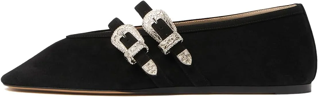 Women's Camel Brown Suede Ballet Flats Round Toe Western Buckles Ballerina Shoes Dressy Comfortable Work Office Flat