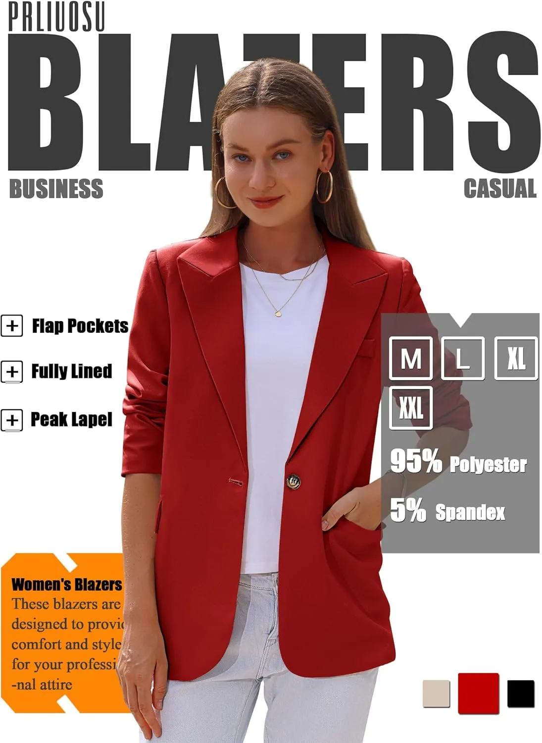 Womens Casual Blazers Open Front Long Sleeve Fully Lined Work Office Jackets with Pockets