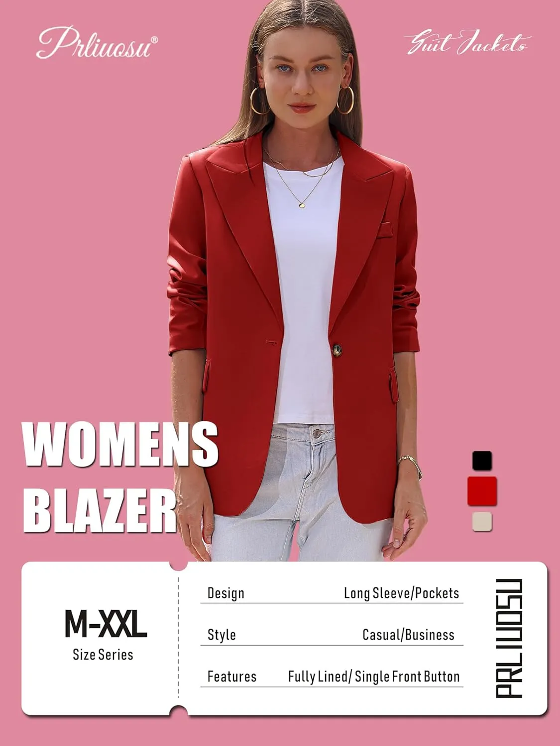 Womens Casual Blazers Open Front Long Sleeve Fully Lined Work Office Jackets with Pockets