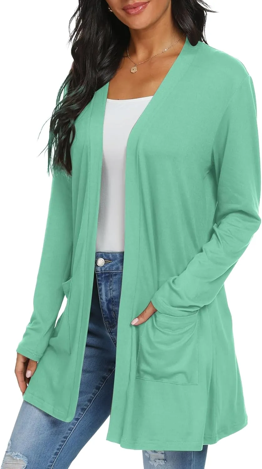 Womens Casual Lightweight with Pocketes Long Sleeve Open Front Cardigan
