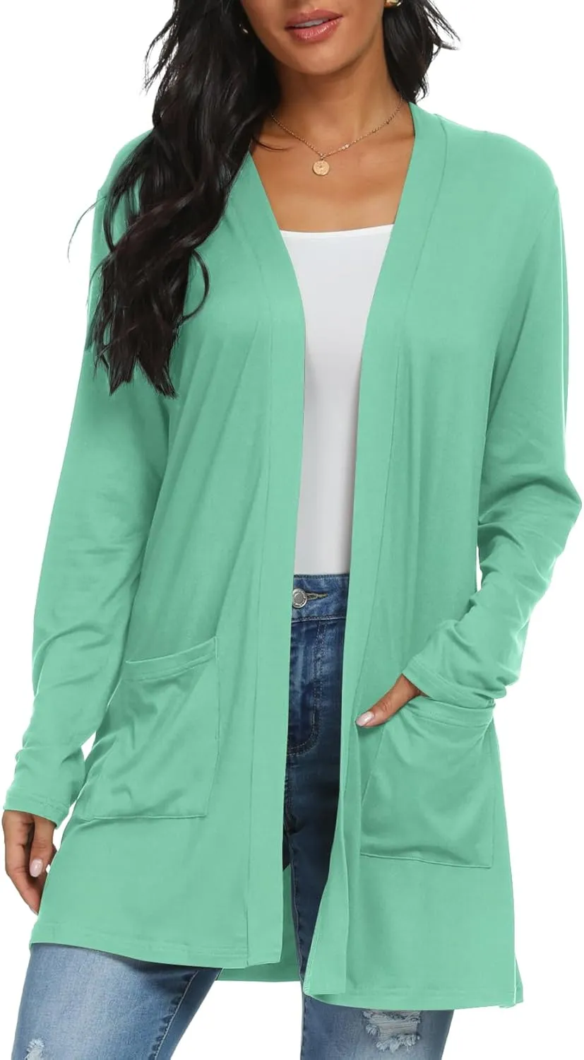 Womens Casual Lightweight with Pocketes Long Sleeve Open Front Cardigan
