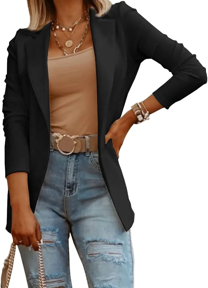 Womens Casual Long Sleeve Blazers Solid Color Knit Blazer Work Office Open Front Blazer Jacket