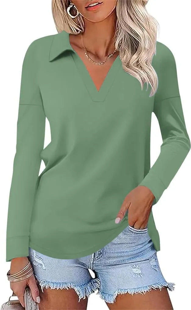 Women's Casual Polo Shirts Long Sleeve V Neck Collared Work Tops Ladies Tunics Tees Business Blouse 2024 Fall