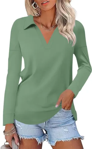 Women's Casual Polo Shirts Long Sleeve V Neck Collared Work Tops Ladies Tunics Tees Business Blouse 2024 Fall