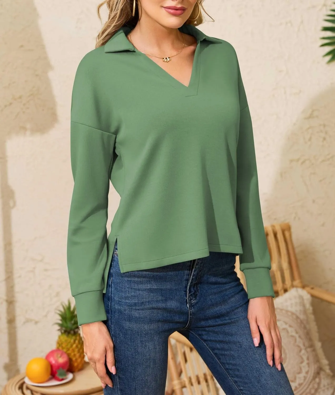 Women's Casual Polo Shirts Long Sleeve V Neck Collared Work Tops Ladies Tunics Tees Business Blouse 2024 Fall