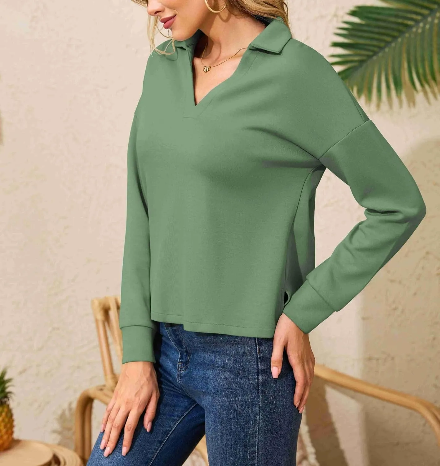 Women's Casual Polo Shirts Long Sleeve V Neck Collared Work Tops Ladies Tunics Tees Business Blouse 2024 Fall