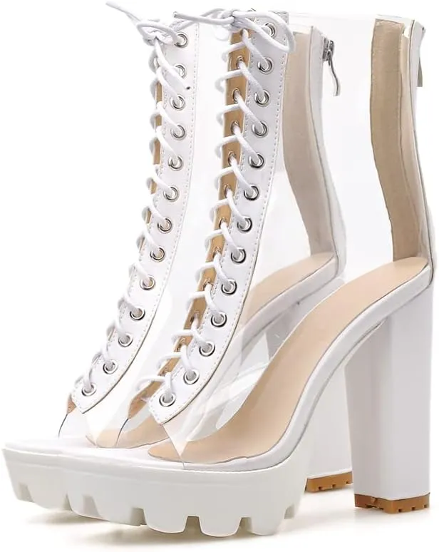 Women's Clear Pvc Chunky Heel Open Toe Booties, Transparent High Heel Peep Toe Boots, Block Summer Ankle Boots Sandals