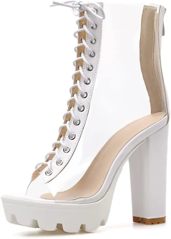 Women's Clear Pvc Chunky Heel Open Toe Booties, Transparent High Heel Peep Toe Boots, Block Summer Ankle Boots Sandals
