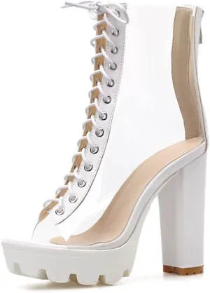 Women's Clear Pvc Chunky Heel Open Toe Booties, Transparent High Heel Peep Toe Boots, Block Summer Ankle Boots Sandals