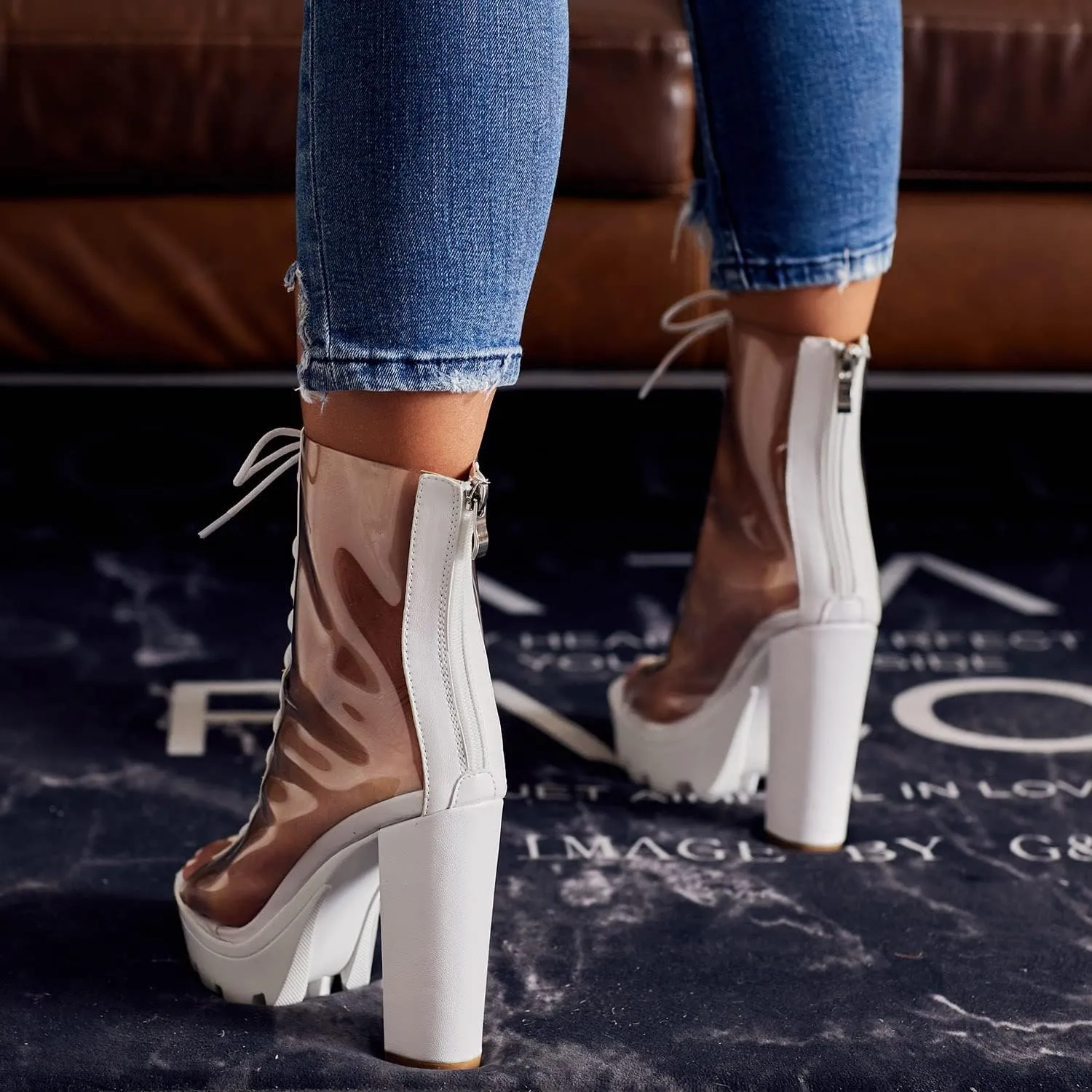 Women's Clear Pvc Chunky Heel Open Toe Booties, Transparent High Heel Peep Toe Boots, Block Summer Ankle Boots Sandals