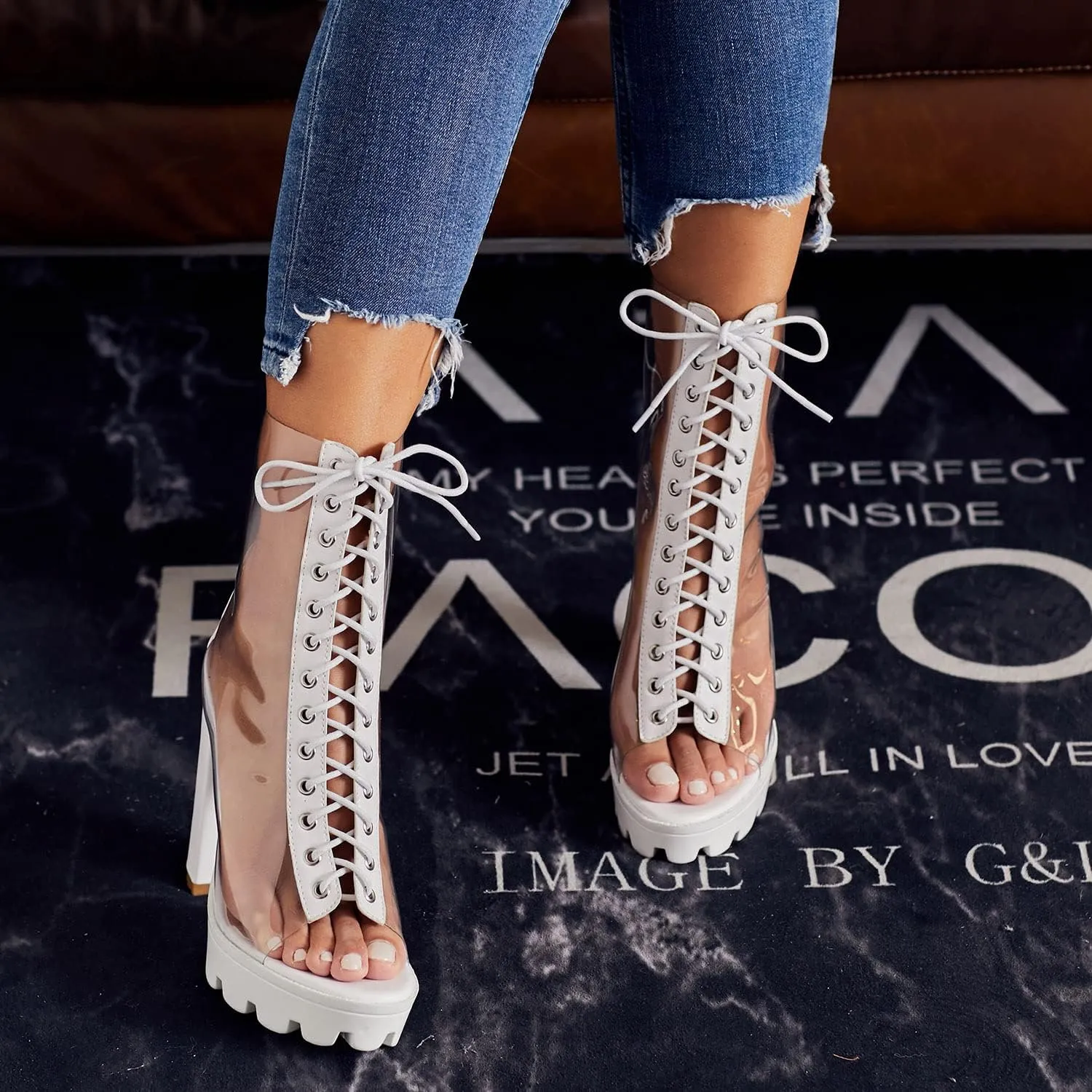 Women's Clear Pvc Chunky Heel Open Toe Booties, Transparent High Heel Peep Toe Boots, Block Summer Ankle Boots Sandals