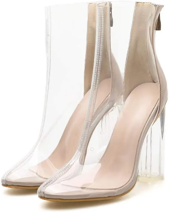 Women's Clear Pvc Chunky Heel Open Toe Booties, Transparent High Heel Peep Toe Boots, Block Summer Ankle Boots Sandals